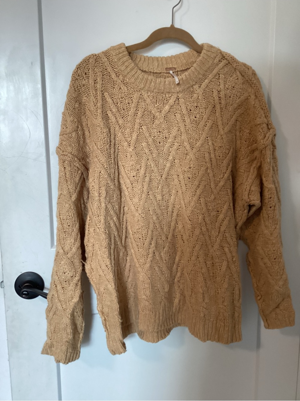 Free People Textured Cable Crewneck Sweater - Camel/Tan